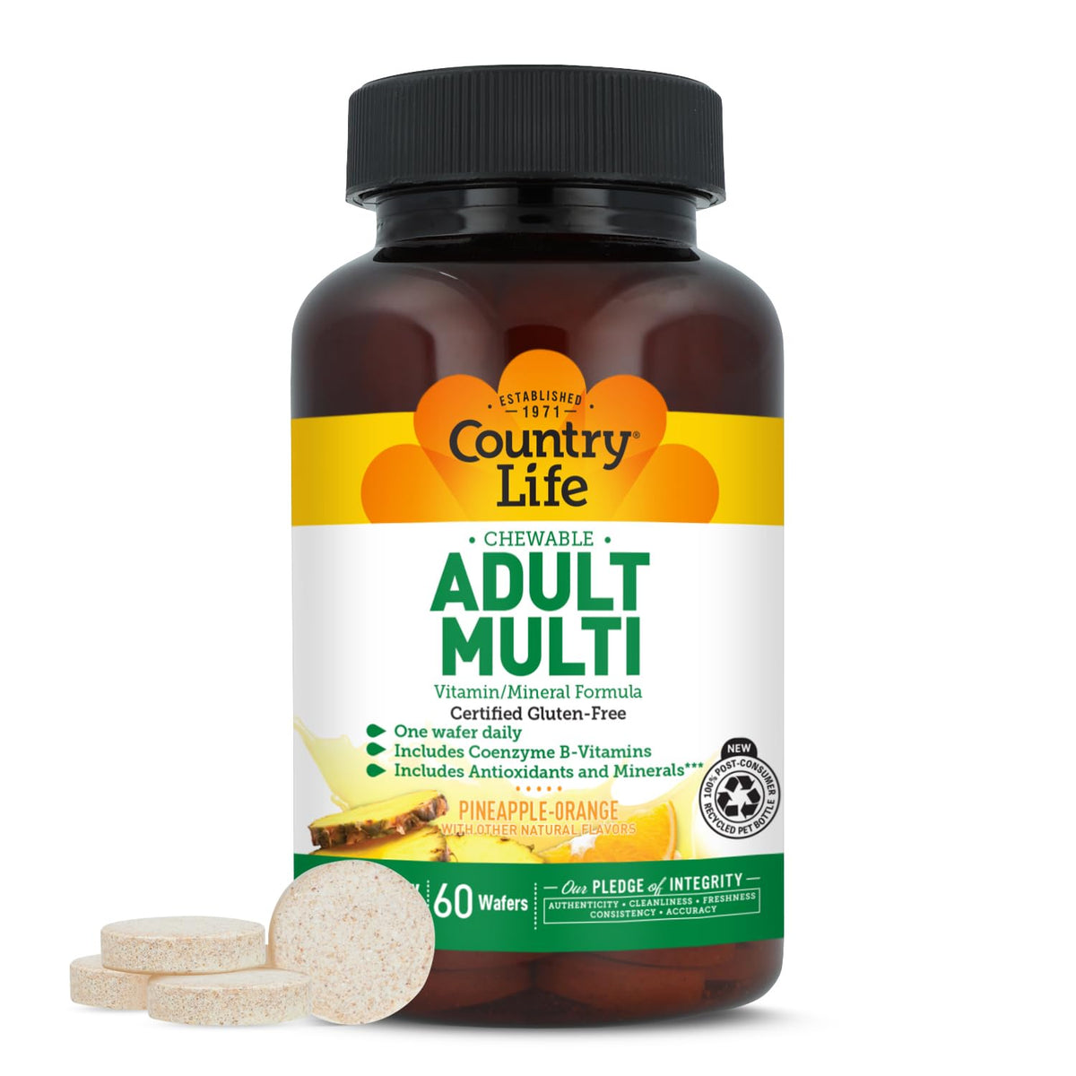 Country Life Adult Chewable Multivitamin, Pineapple Orange, 60 Wafers