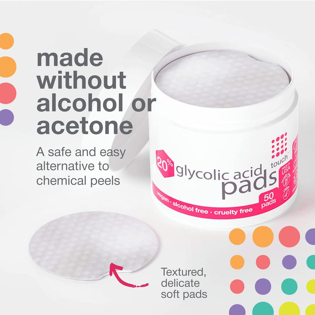 Buy now TOUCH 20% Glycolic Acid Pads Exfoliating And Resurfacing AHA Peel Face Wipes - Great for Dullness, Pores, Scars, Fine Wrinkles, Uneven Skin Tone & Texture, 50 Count at indiglob india