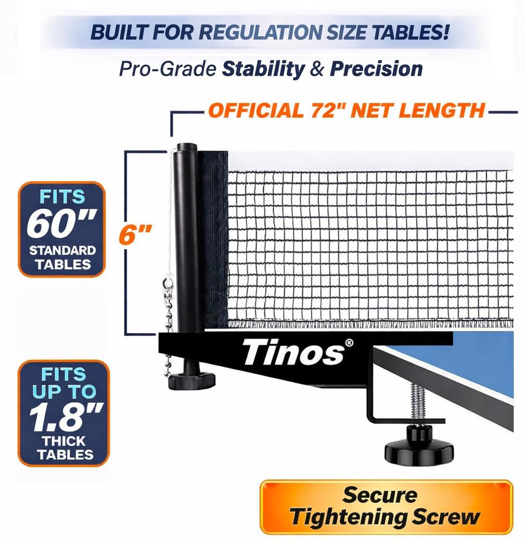 TINOS Premium Table Tennis Net & Post | Pro Screw Clamp Ping Pong Net