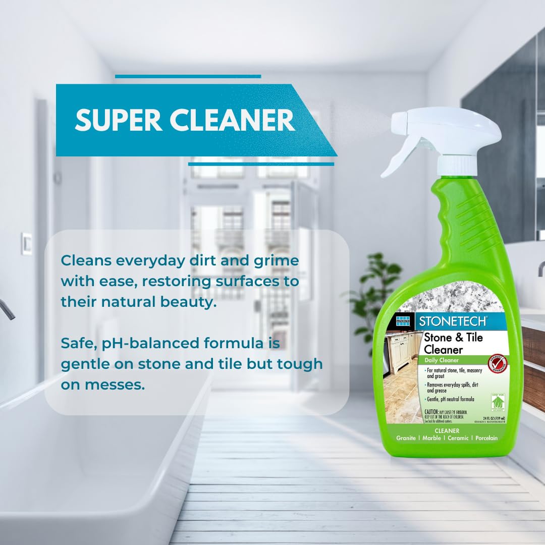 StoneTech Stone & Tile Cleaner Spray – Daily Cleaner for Granite, Marble, Ceramic, Porcelain & Stone – Removes Spills, Dirt & Grease – pH Neutral - 2-Pack, 24oz each + 2 Microfiber Cloths