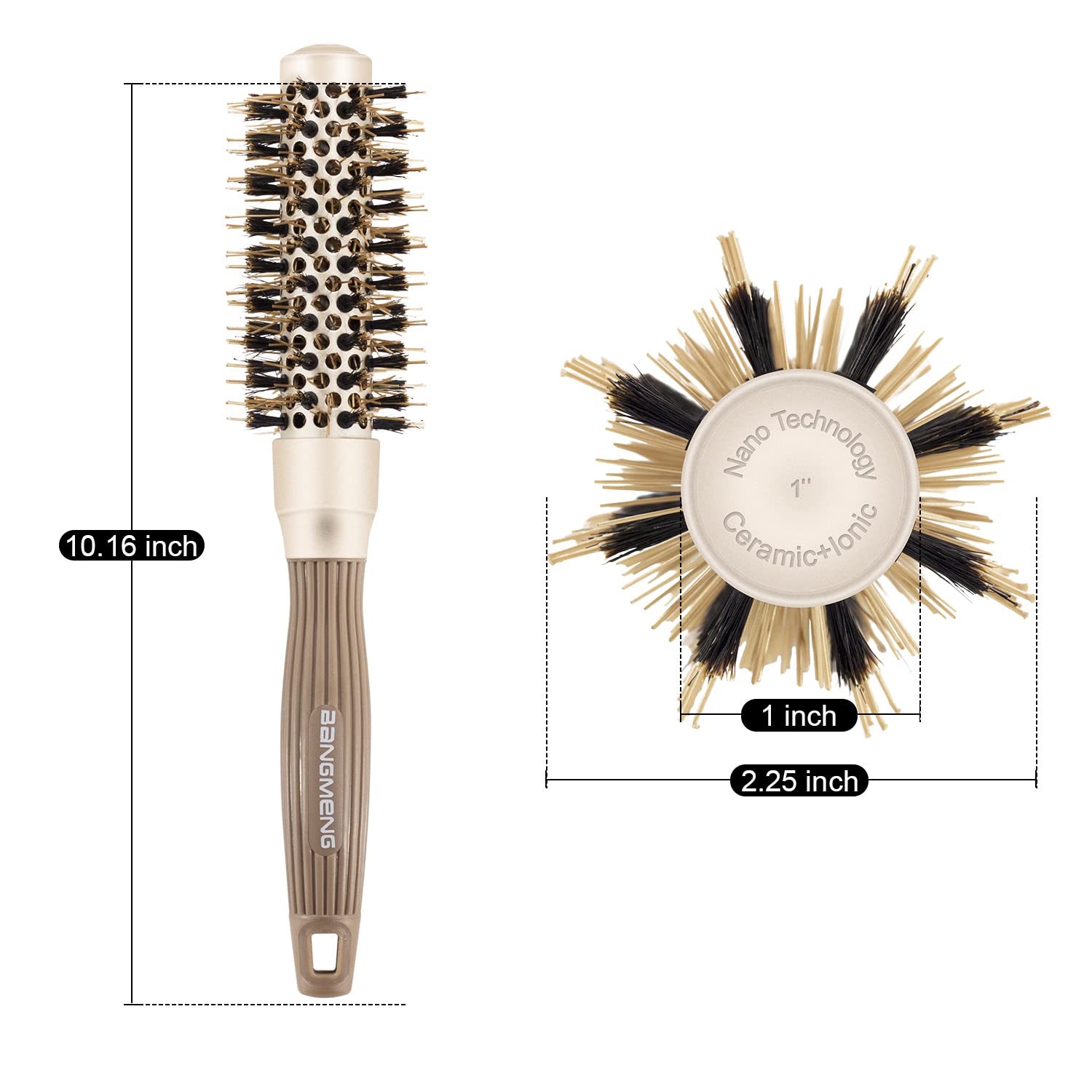 BANGMENG Round Brush with Boar Bristles, 1 inch Barrel, Nano Thermal Ceramic Ionic Tech for Straightening and Blow Drying, Gold