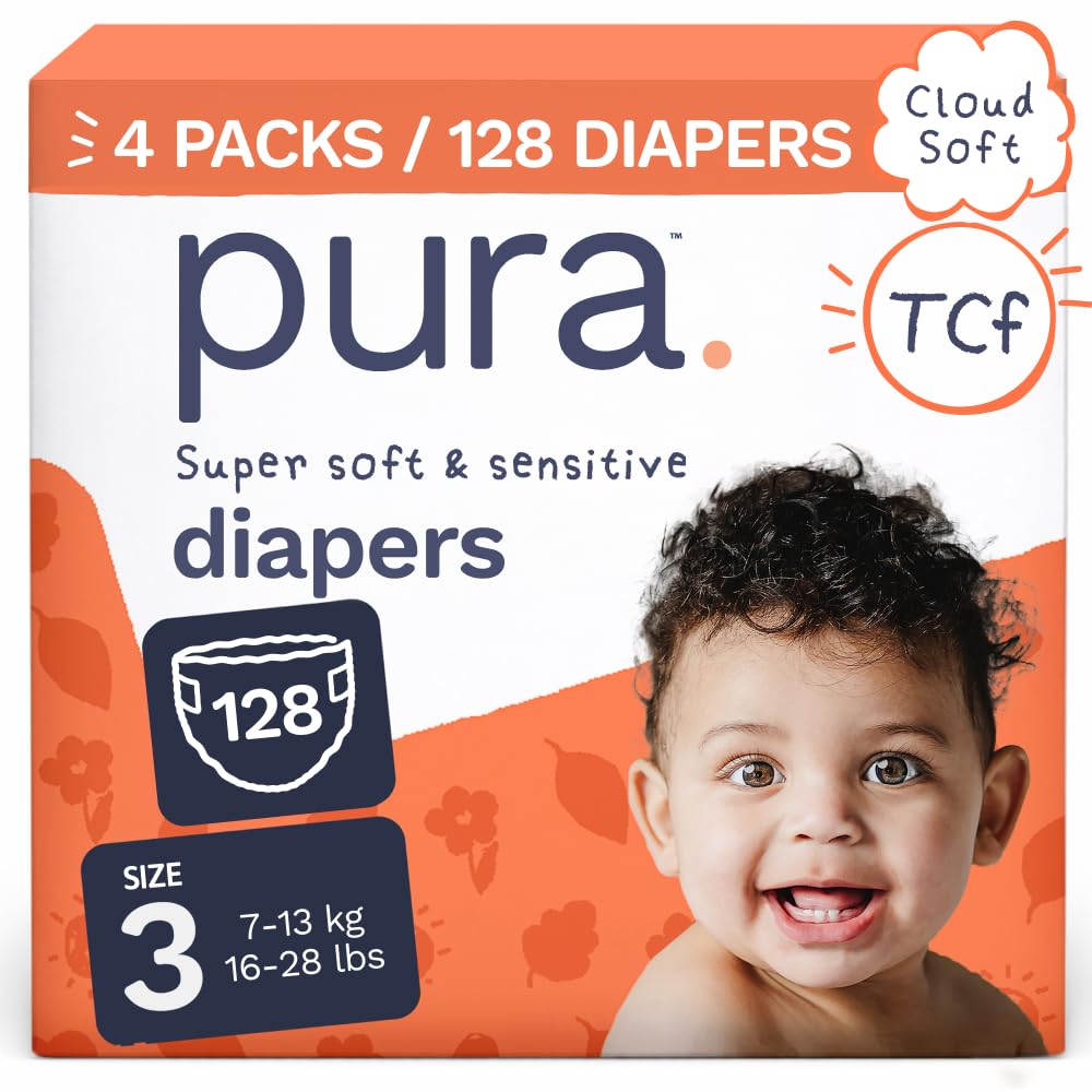Pura Baby Diapers Size 3 (16-28 lbs) 128 Count Sensitive Skin