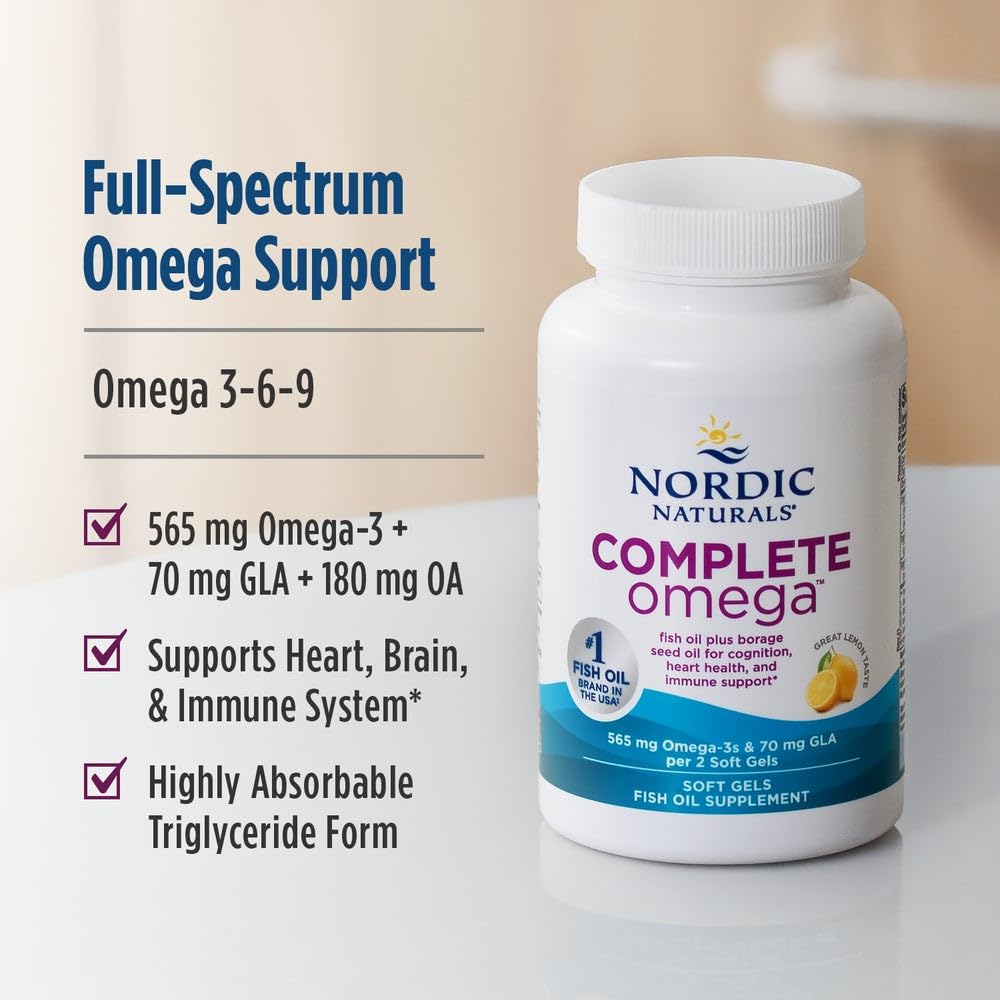 Nordic Naturals Complete Omega-3, w/EPA, DHA, & GLA, Lemon - 120 Softgels | 565mg Omega-3 per serving. Supports healthy skin, cognition & positive mood. Non-GMO. 60 servings per bottle.