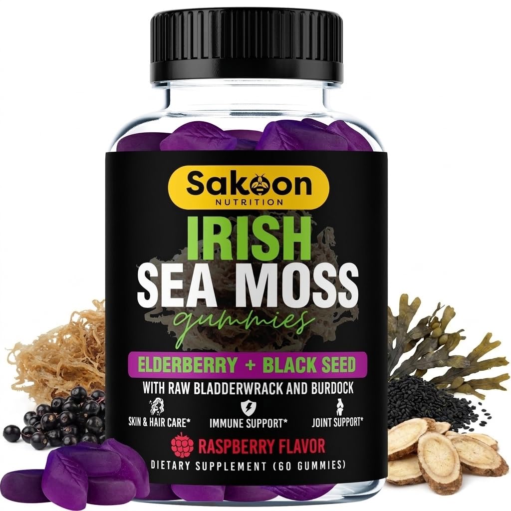 Sakoon nutrition Wildcrafted Irish Sea Moss Gummies with Bladderwrack, Burdock Root, Elderberry & Black Seed Oil – Vegan, Non-GMO – 60 Gummies