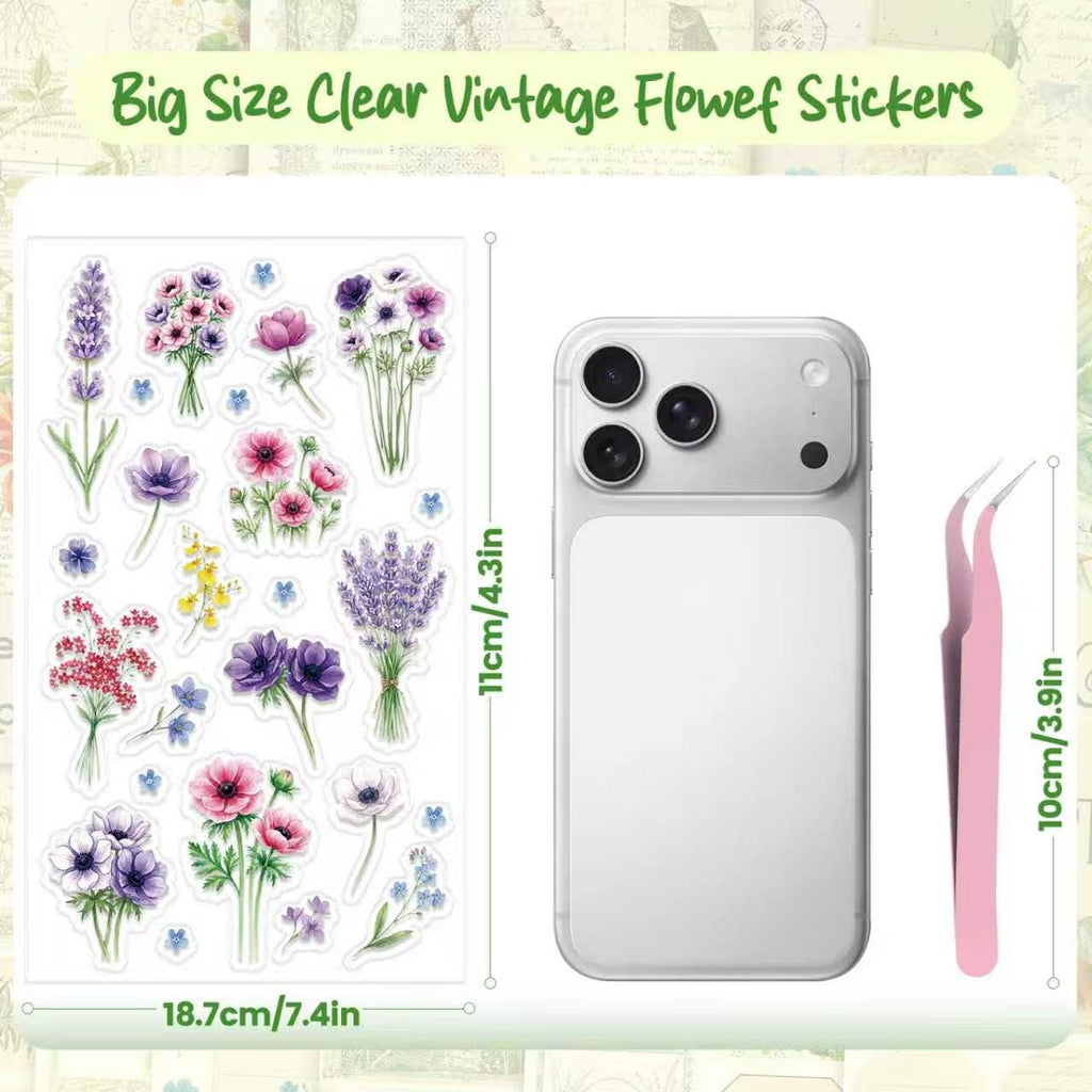 316Pcs Transparent Flower Stickers for Scrapbooking, Floral Decals Tweezer