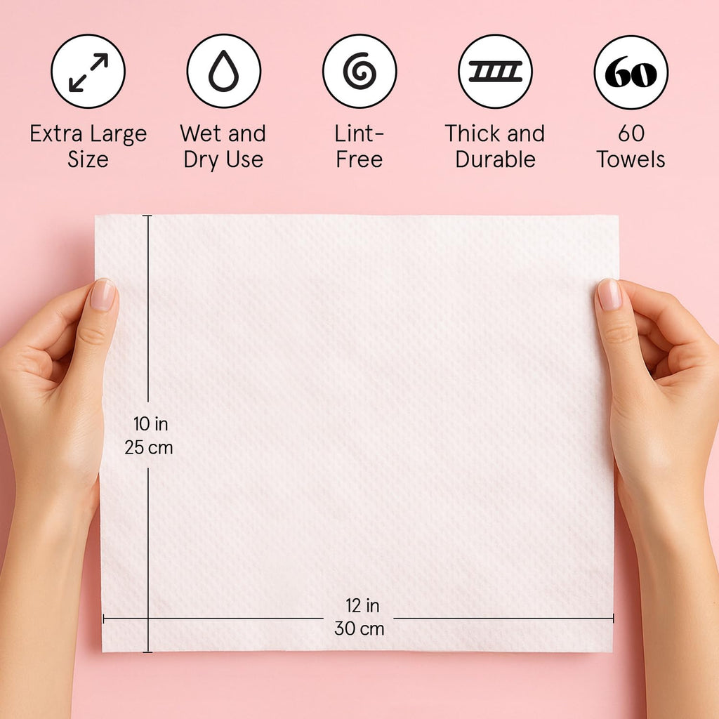 grace & stella Face Towels Disposable - Travel Essentials (60 Count) | Ultra-Soft & Absorbent Face Wipes Towelettes - XL Facial Towels for Cleansing & Makeup Removal - Lint-Free Facial Tissue