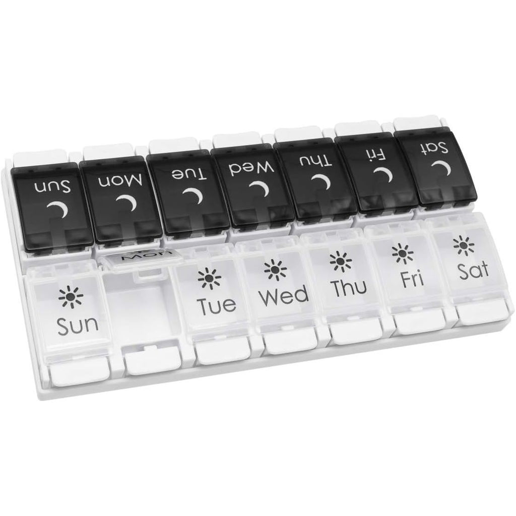 Buy now EZY DOSE Push Button (7-Day) Pill Case, Medicine Planner, Vitamin Organizer, 2 Times a Day AM/PM, Removable Trays, Large Compartments, Arthritis Friendly, Spring Open Black and White Lids, BPA Free Black White at indiglob india