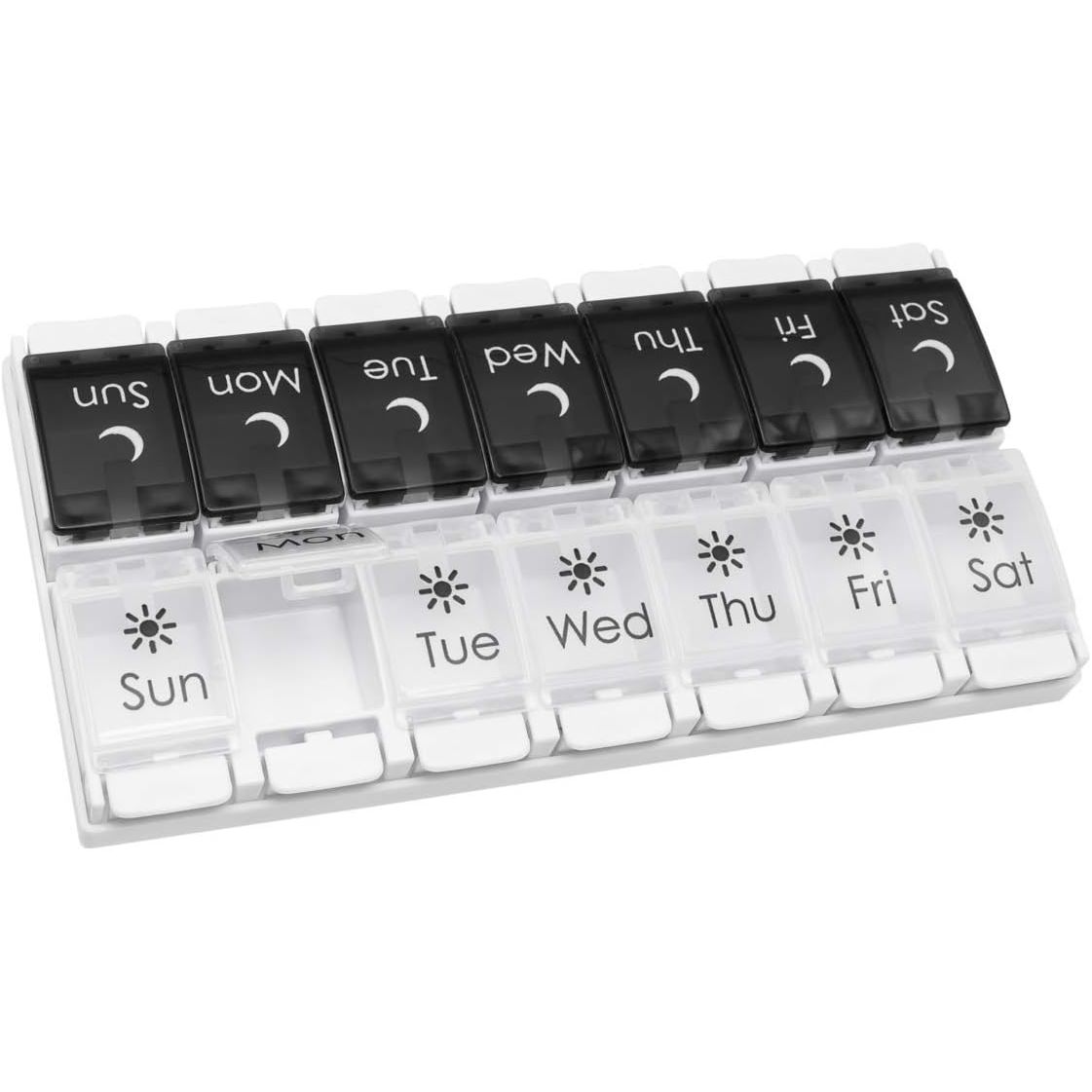 Buy now EZY DOSE Push Button (7-Day) Pill Case, Medicine Planner, Vitamin Organizer, 2 Times a Day AM/PM, Removable Trays, Large Compartments, Arthritis Friendly, Spring Open Black and White Lids, BPA Free Black White at indiglob india