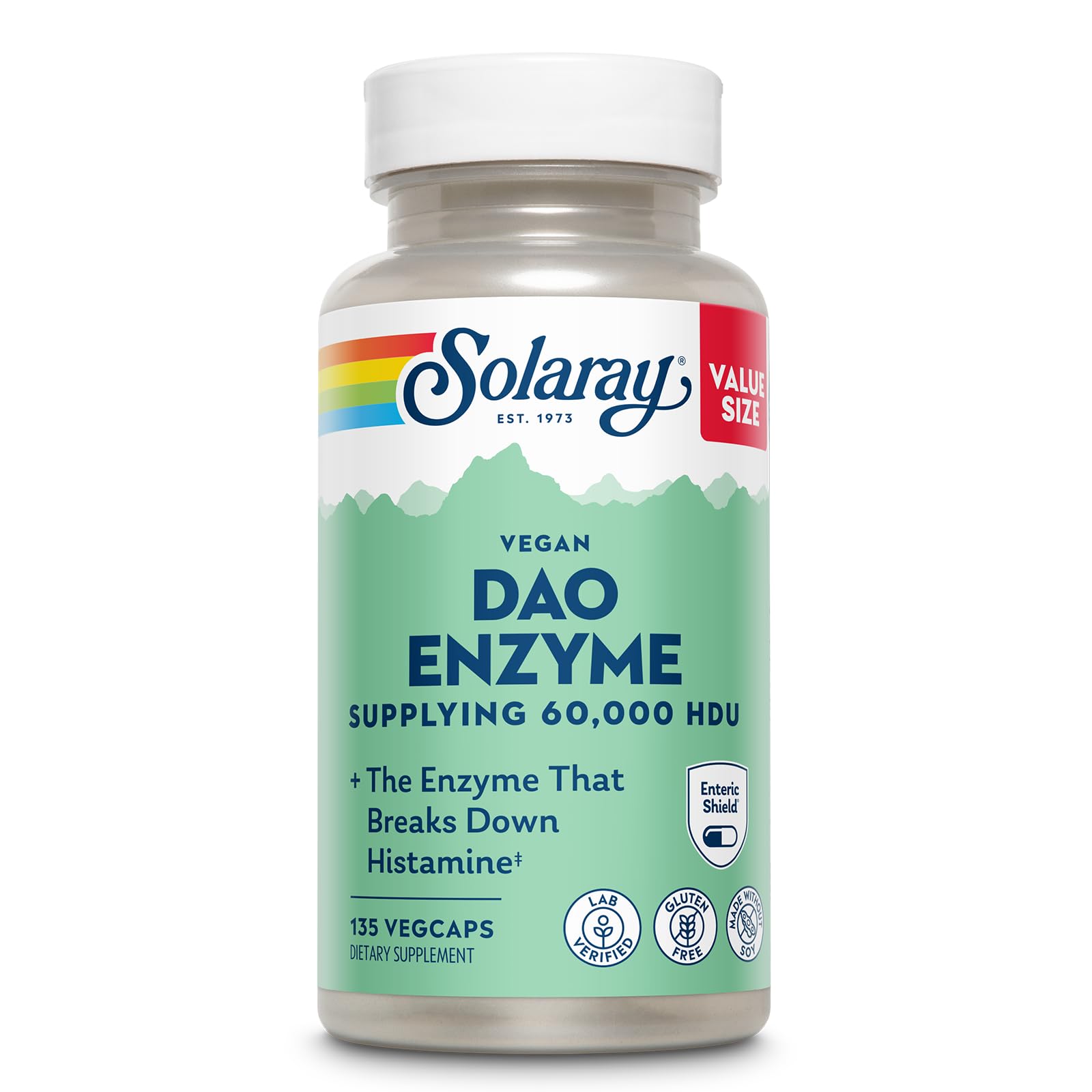 SOLARAY DAO Enzyme 60000 HDU, 30 VegCaps | Histamine Digestion Support, Plant Based DAO Enzyme, Enteric Coated, 30 Servings, Vegan, Lab Verified