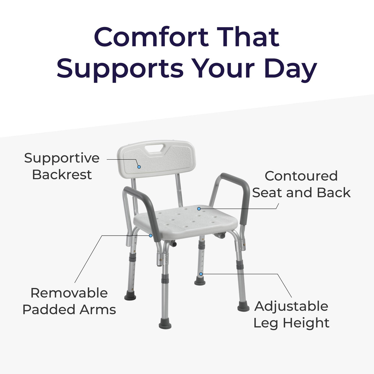 Drive Medical Premium Shower Chair with Back and Padded Arms, White