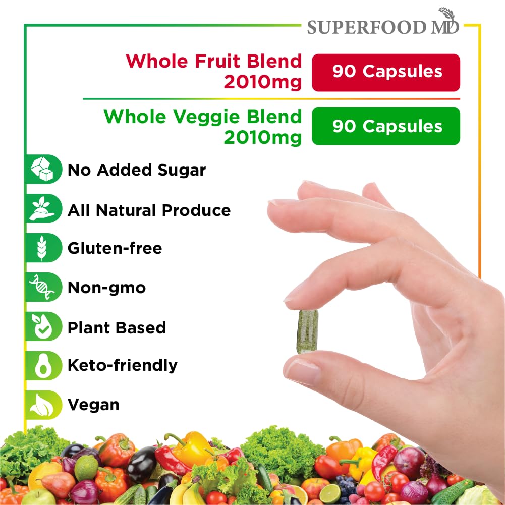 Superfood 180 Fruit and 180 Veggie Capsules - Whole Food Natural Superfoods - Maintain Energy Levels, with Beta Carotene - Soy Free (90 Count (Pack of 4)