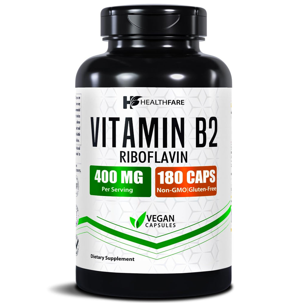 Healthfare Vitamin B2 Riboflavin 400mg | 180 Vegan Capsules | High Potency | Non-GMO | Gluten-Free | Made in USA