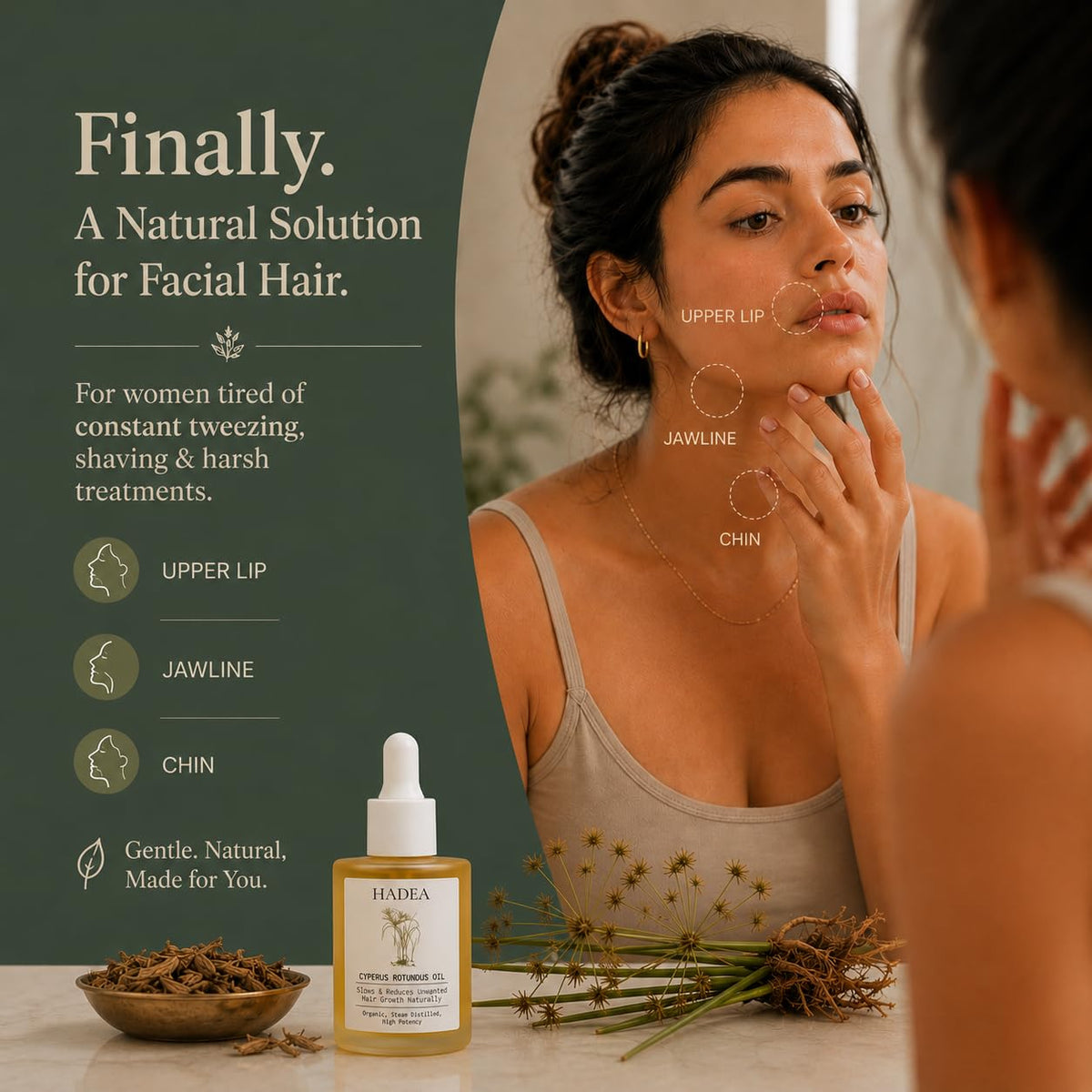 HADEA Cyperus Rotundus Oil to Reduce Hair Growth 100% Organic High-Potency Steam Distilled Cyprus Nutgrass Cypress Inhibitor | Cypress Rotundus Oil For Pcos, Hirsutism, Any Unwanted Hair 30ml