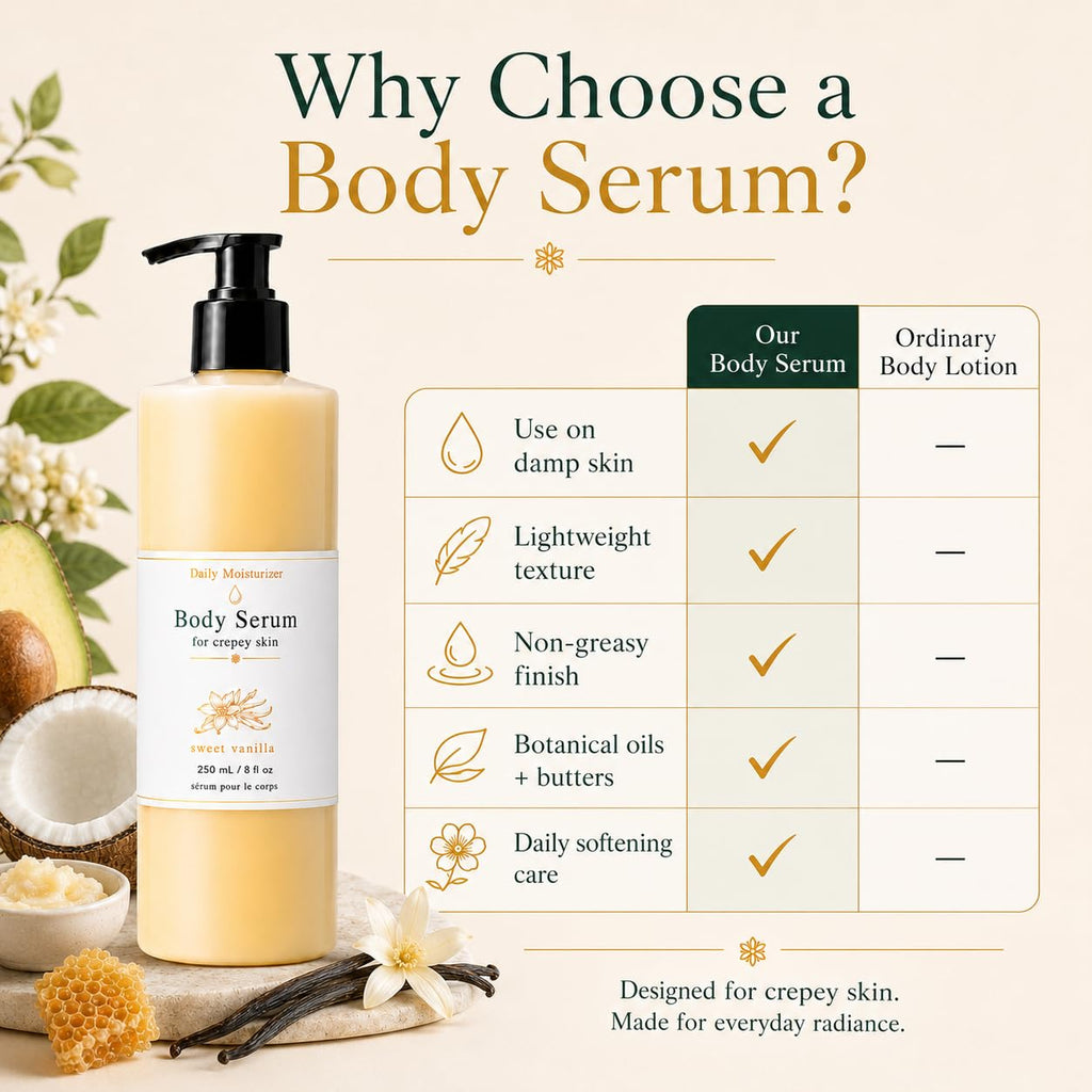 Bees Body Serum for Crepey Skin, Waterless Wet Skin Body Oil with Avocado, Castor & Coconut Oils, Shea Butter & Beeswax, Sweet Vanilla After Shower Body Moisturizer, 8 fl oz