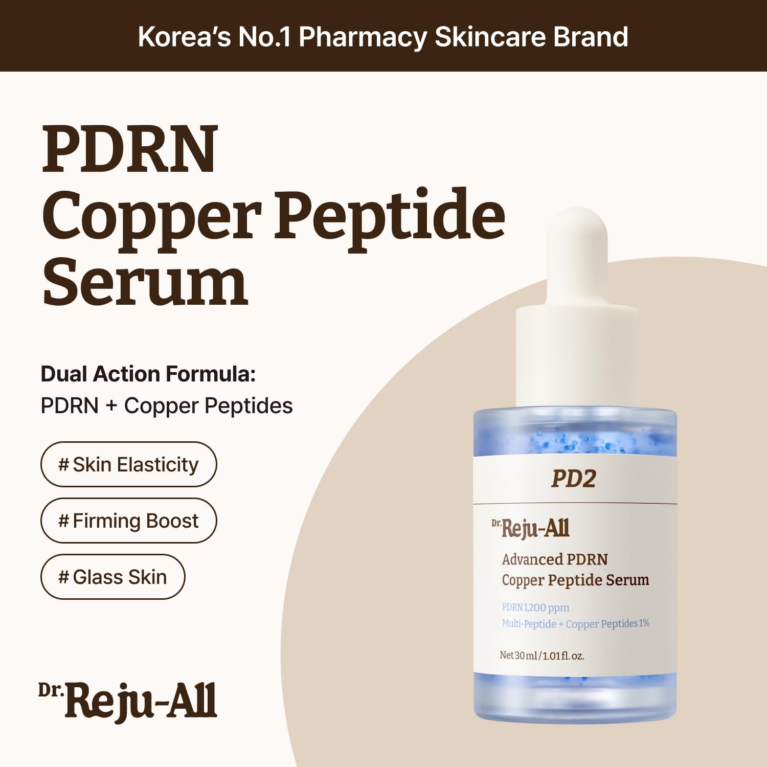 Dr.Reju-All Advanced PDRN Copper Peptide Serum 1.01 Fl Oz | GHK-Cu & PDRN Serum, Copper Peptides for Firming & Skin Elasticity, With Hyaluronic Acid & Hydrolyzed Collagen Peptides