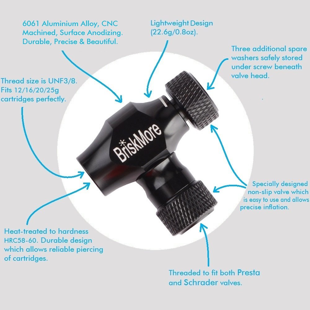BriskMore Black CO2 Inflator Presta and Schrader Valve Compatible Bicycle Tire Pump for Mountain and Road Bikes with Insulated Sleeve - No CO2 Cartridges Included, Quick&Easy