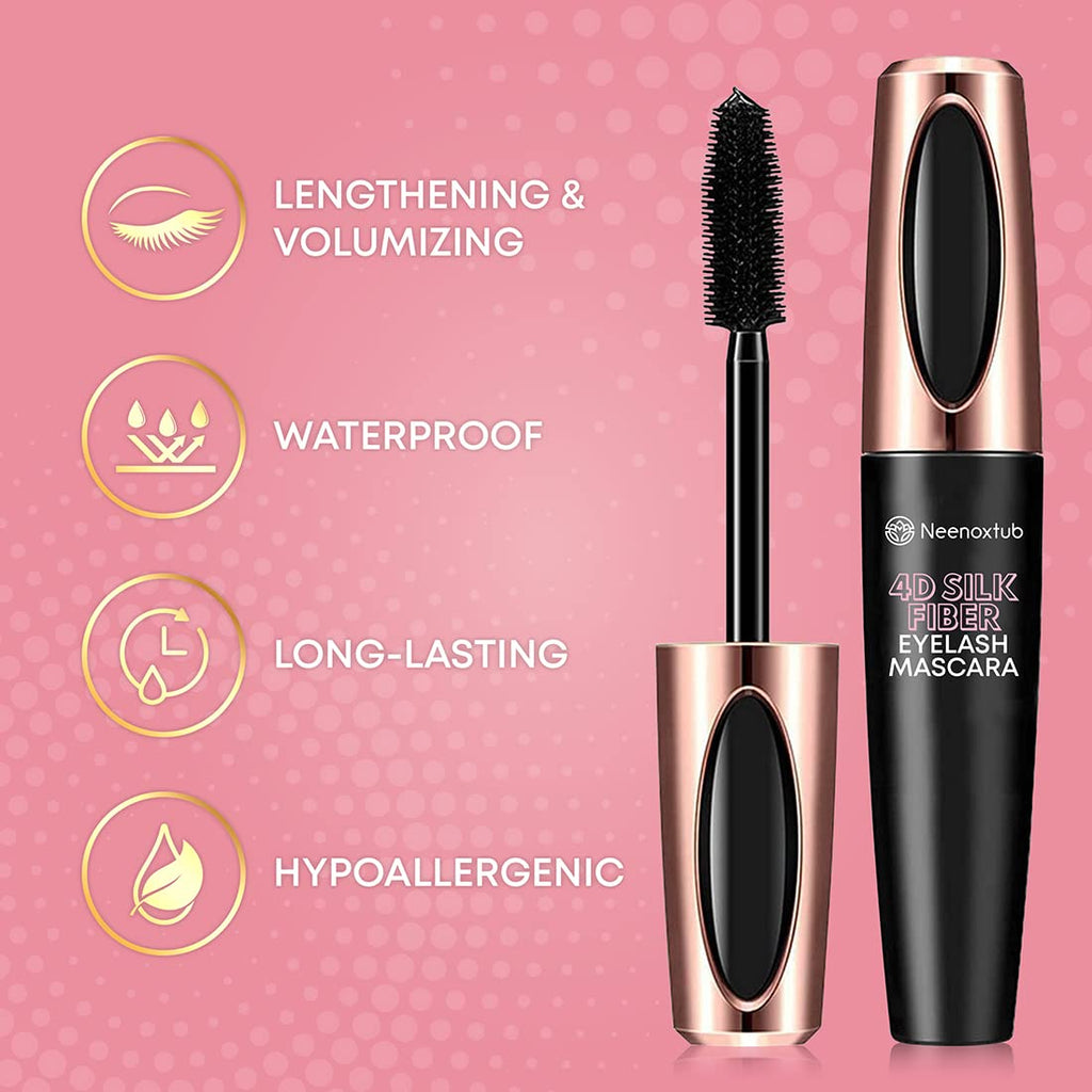 4D Silk Fiber Lash Mascara, Lengthening and Thick, Long Lasting, Waterproof & Smudge-Proof, Hypoallergenic Formula 2 Pack Black