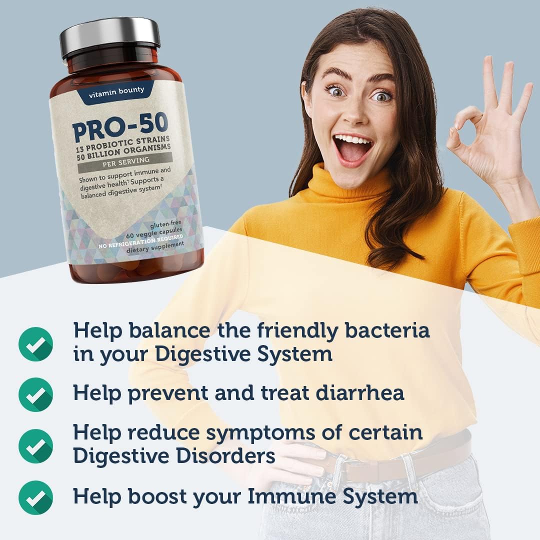 Buy now Vitamin Bounty Pro-50 Probiotics 50 Billion CFU for Women & Men - 13 Multi Strain Probiotic + Prebiotic - Digestive Health Supplements for Gut Health Support - Delayed Release Capsules for Men & Women at indiglob india