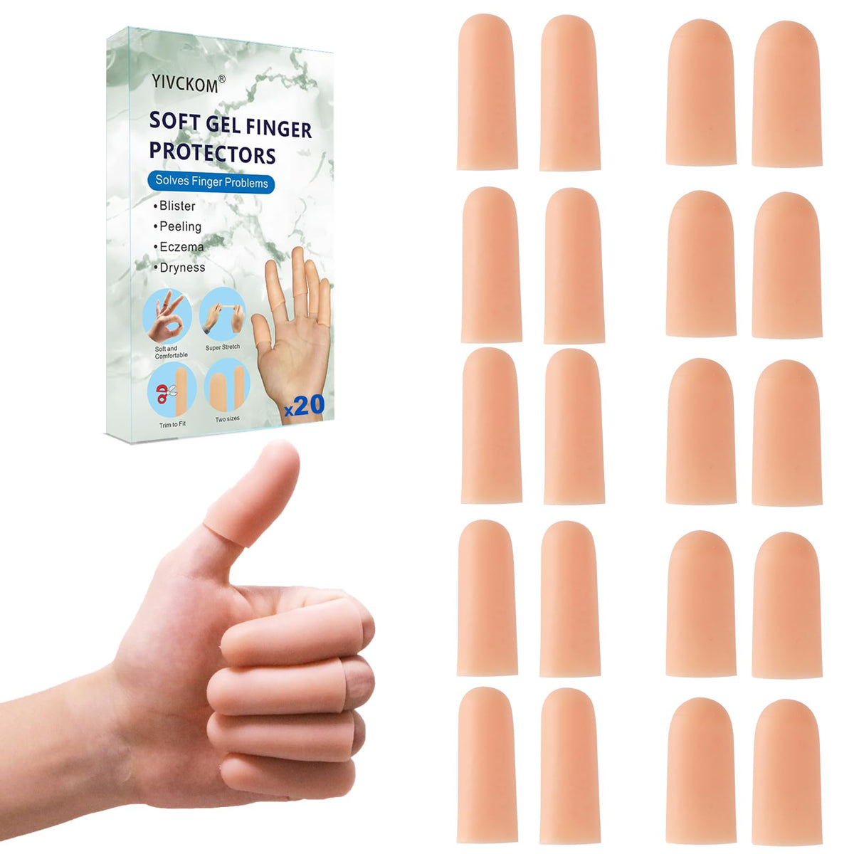 Silicone Finger Cots - Gel Finger Protectors Non Latex, Reusable Fingertip Bandages Covers for Thumb, Cuts, Wounds, First Aid Care, Assorted Sizes