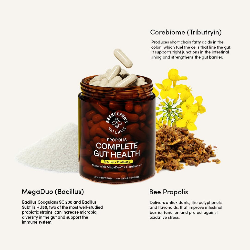 Beekeeper's Naturals Complete Gut Health, 3-in-1 Pre, Post, Probiotics 60ct | 3-in-1 Prebiotic, Postbiotic, Probiotics, Digestive Health & Bloating Relief for Women & Men, Propolis Powered