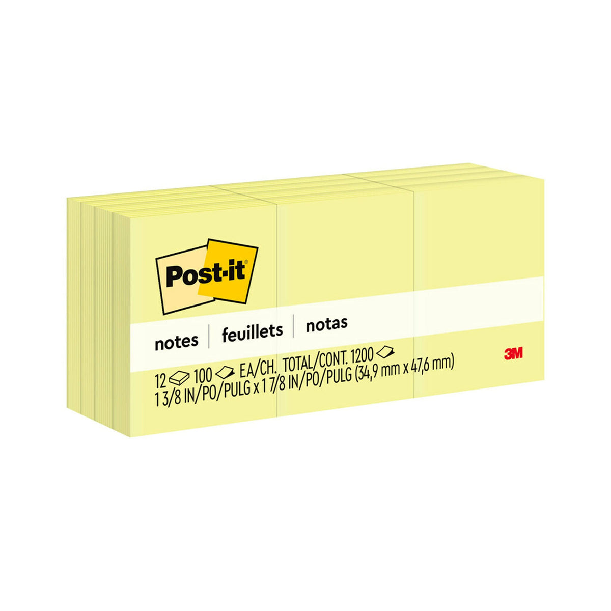 Post-it Notes, 1 /3/8 x 1 7/8 in, 12 Sticky Notes Pads, 100 Sheets per Pad, Canary Yellow, The Original Post-it Note, School Supplies and Oﬃce Products