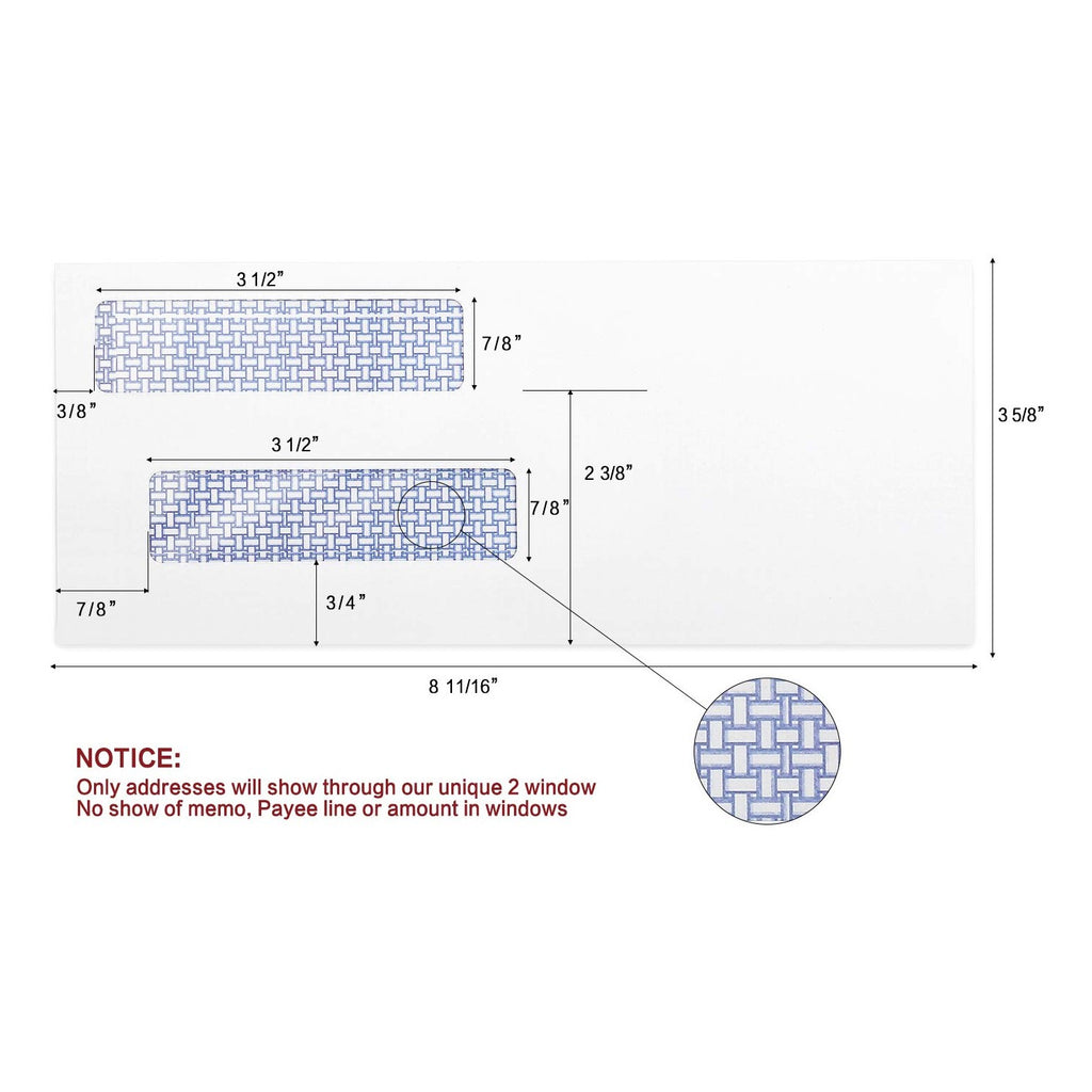 #8 Double Window Security Check Envelopes, No.8 Double Window Bussiness Envelopes Designed for QuickBooks Checks - Computer Printed Checks - 3 5/8 X 8 11/16 (NOT for INVOICES) - 24 LB - 500 PACK