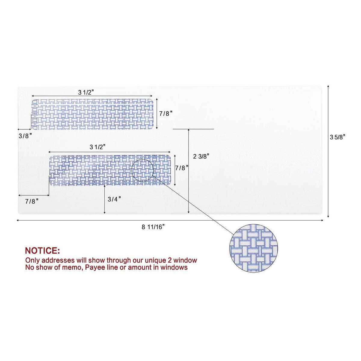 #8 Double Window Security Check Envelopes, No.8 Double Window Bussiness Envelopes Designed for QuickBooks Checks - Computer Printed Checks - 3 5/8 X 8 11/16 (NOT for INVOICES) - 24 LB - 500 PACK