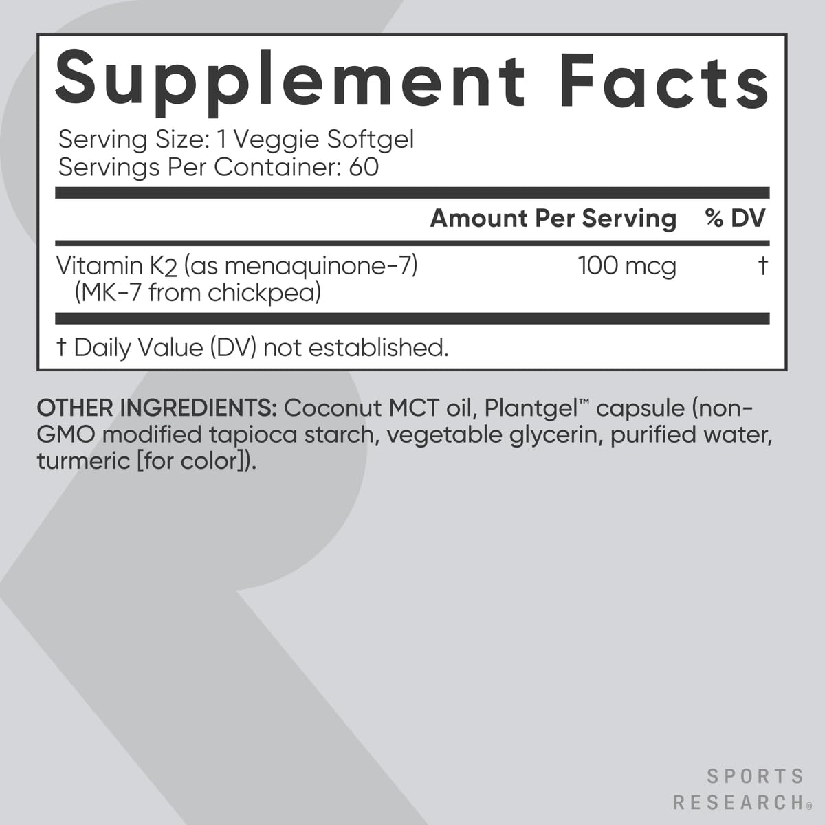 Sports Research® Vitamin K2 as MK-7 100mcg, 60 Count Plantgels™ | Supports Bone & Heart Health w/Highly Bioavailable MK-7 & Coconut MCT oil for Better Absorption · Plant-Based, Soy-Free