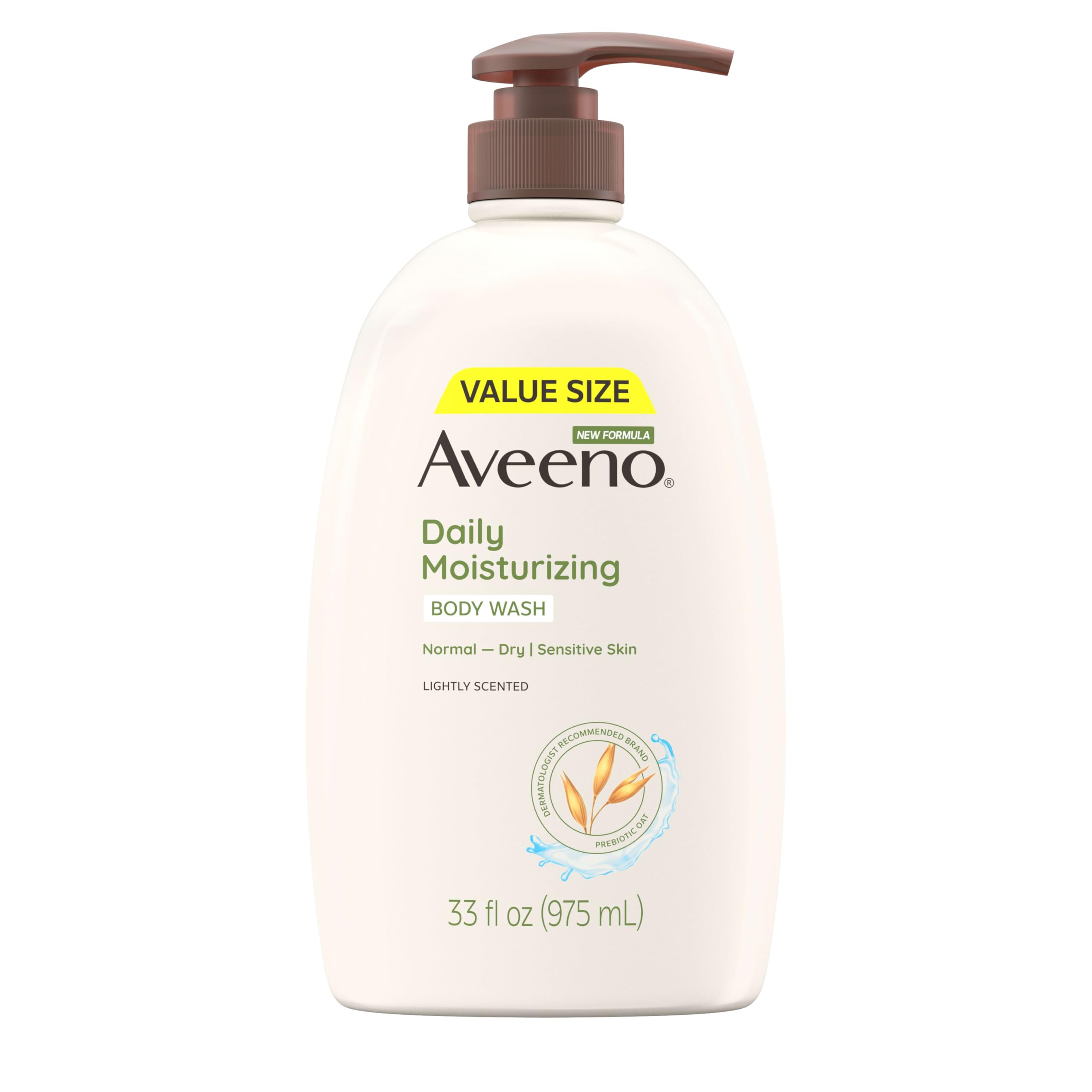 Aveeno Daily Moisturizing Body Wash for Normal to Dry Skin, Sensitive Formula with Prebiotic Oat, Gently Cleanses Dry Skin, Lightly Scented Body Wash for Women and Men, Value Size 33 fl. Oz