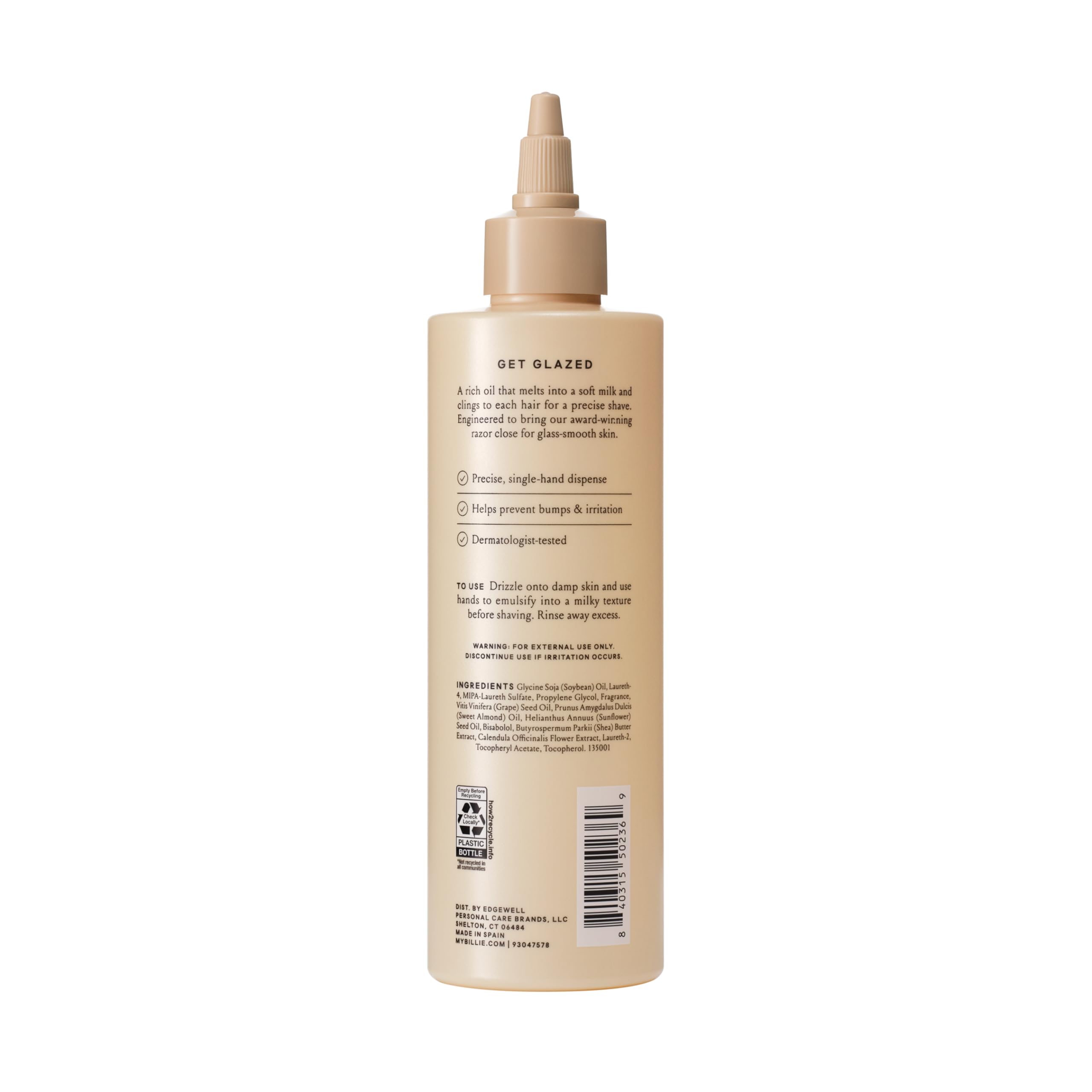 Billie Shave Glaze Shave Oil, Coco Villa, 8 oz | Grippy oil-to-milk formula, Mess-free drizzle application, Prevents shaving irritation and bumps, Sweet vanilla coconut scent