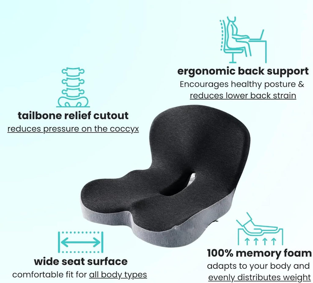 Celinva Orthopedic Cushion,Ergonomic Memory Foam L-Shaped Integrated Seat Cushions with Adjustable Strap,Ultra Breathable Non-Slip Design for Office Chair,Car,Wheelchair (Black+Gray)