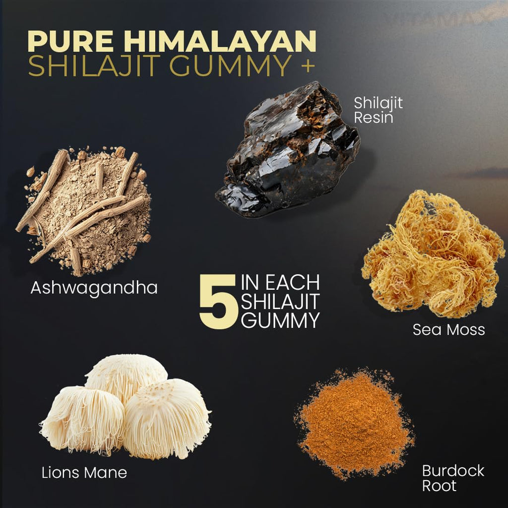 Pure Shilajit Gummies, Sea Moss, Ashwagandha, 105+ Trace Minerals – Organic Burdock Root & Lions Mane Mushroom - Blue Razz – Vegan & Non-GMO – Made in USA – 60ct