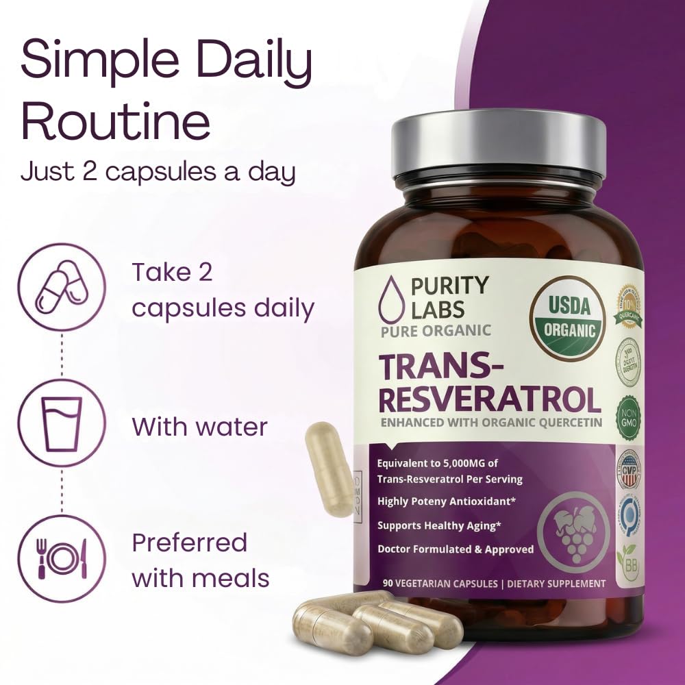 Purity Labs Trans-Resveratrol Supplement 5,000 mg Equivalent per Serving with Quercetin, USDA Organic High Potency Antioxidant, Vegan Capsules, 90 Count