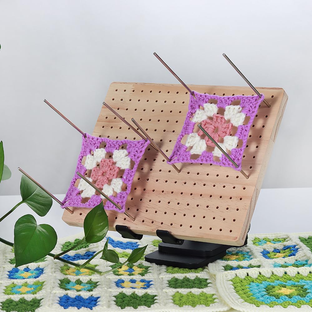 9.8 x7.7 inches Crochet Blocking Board with Pegs, Wooden Blocking Boards for Granny Square Projects, 20 Pcs Stainless Steel Rods