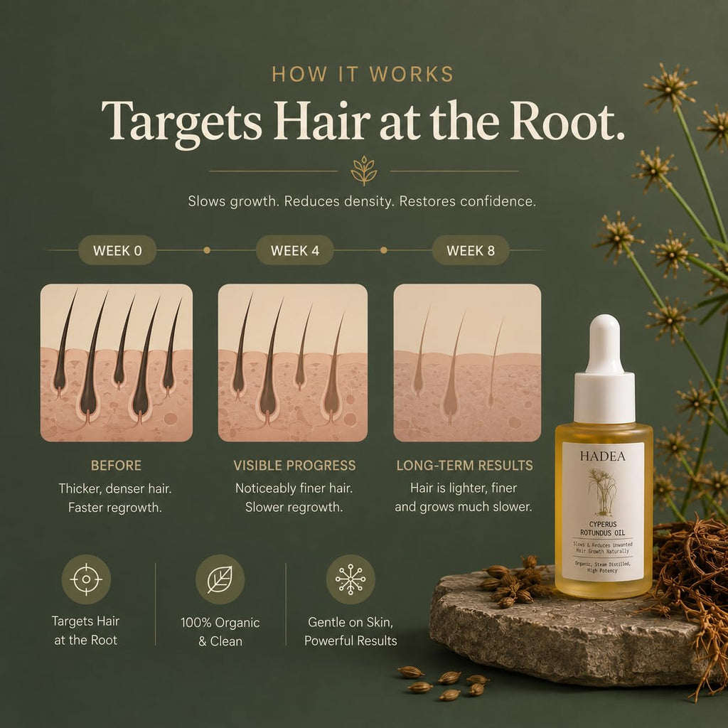 HADEA Cyperus Rotundus Oil to Reduce Hair Growth 100% Organic High-Potency Steam Distilled Cyprus Nutgrass Cypress Inhibitor | Cypress Rotundus Oil For Pcos, Hirsutism, Any Unwanted Hair 30ml