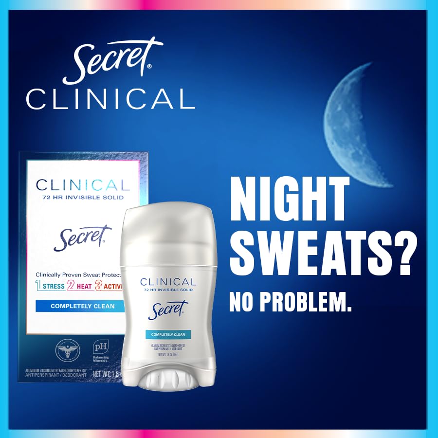 Buy now Secret Clinical Strength Antiperspirant Deodorant for Women, 3X Stress Protection, 72hr Sweat & Odor Protection, PH Balancing Minerals, Invisible Solid, Completely Clean Scent, 2.6 oz at indiglob india