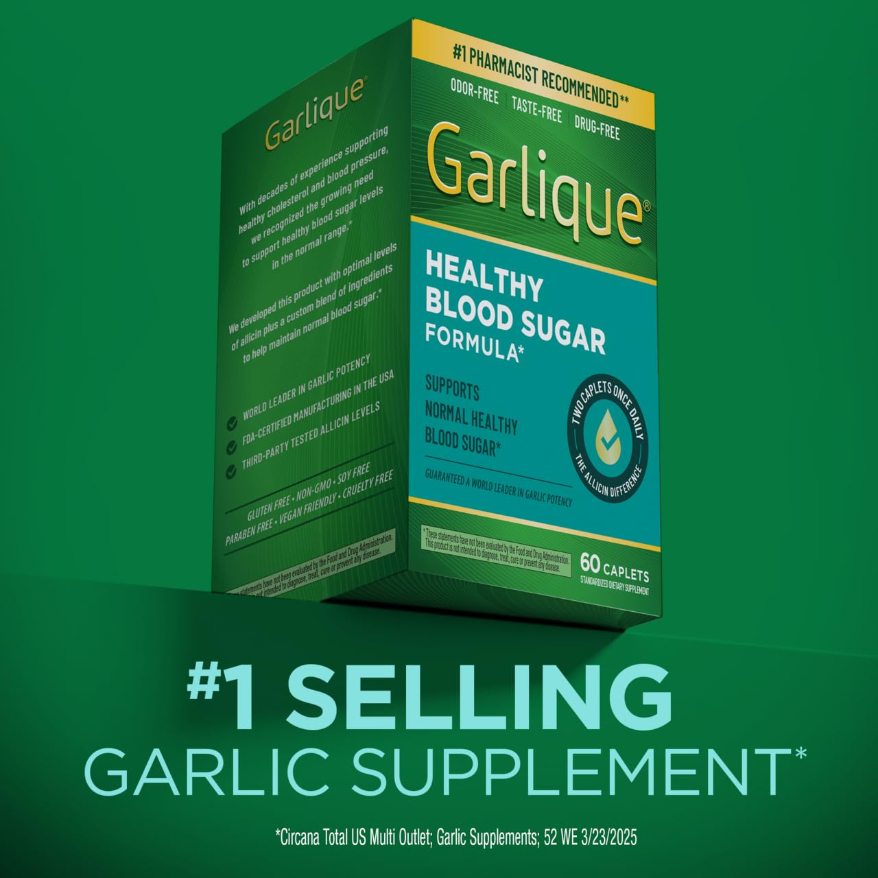 Garlique Garlic Extract Supplement, Healthy Blood Sugar Formula, Blood Sugar Support, 6000 mcg allicin, Odorless & Vegan, 60 Caplets