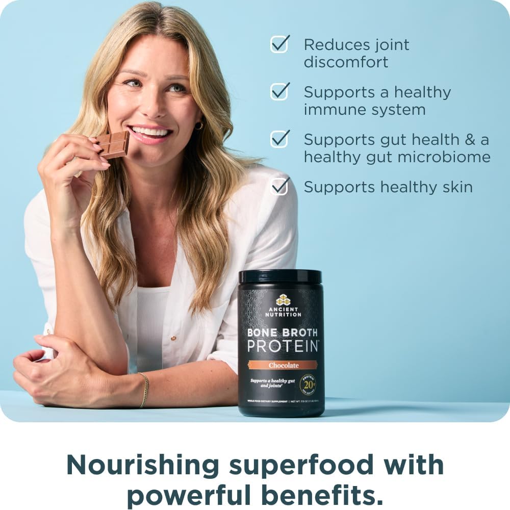 Buy now Ancient Nutrition Protein Powder Made from Real Bone Broth, Chocolate, 20g Protein Per Serving, 20 Serving Tub, Gluten Free Hydrolyzed Collagen Peptides Supplement, Great in Protein Shakes at indiglob india