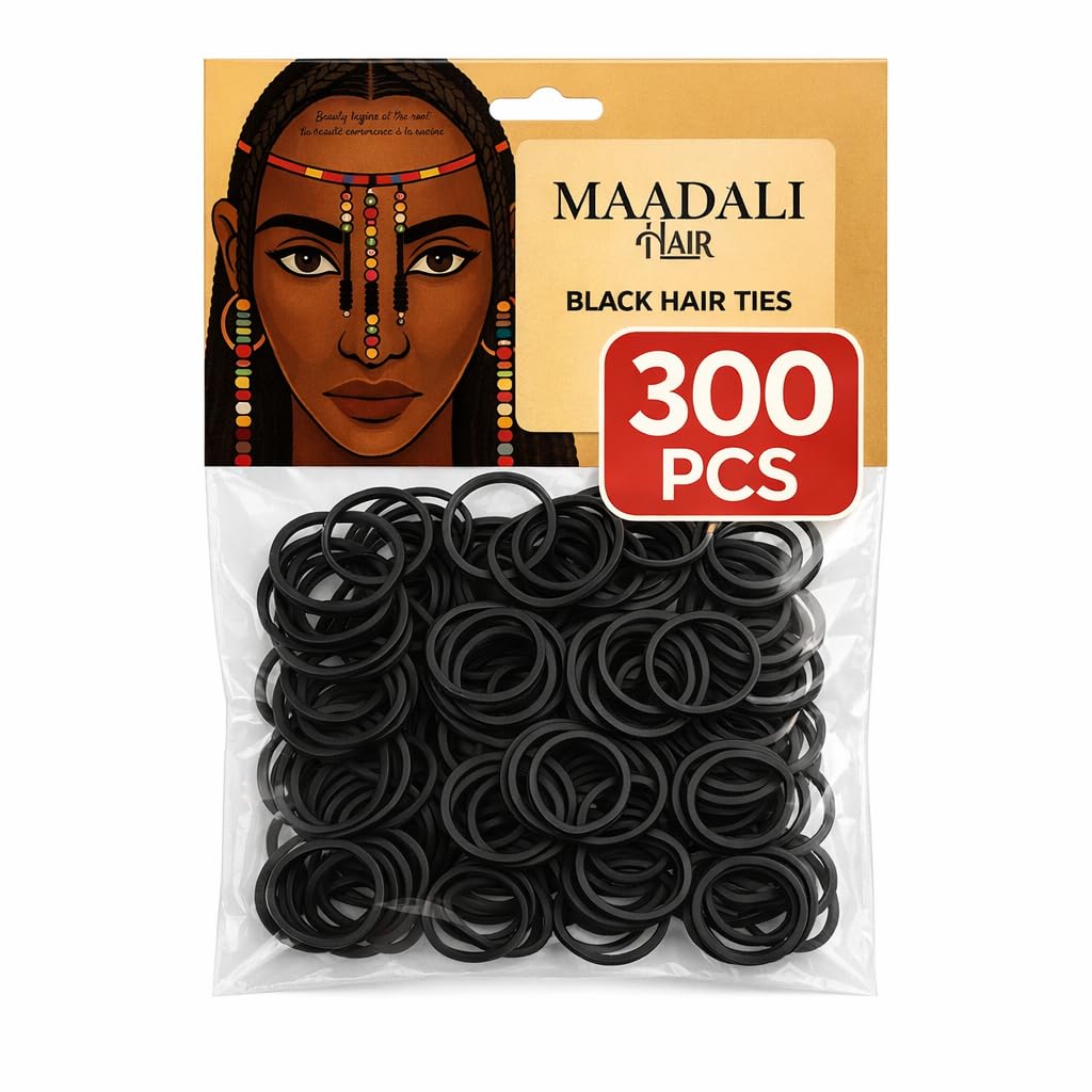 300 Black Hair Ties - Small Strong Rubber Bands for Thick, Curly & Afro Hair, Braids, Ponytails & Protective Styles - No Breakage Hair Elastics bands for Women & Girls - MAADALI