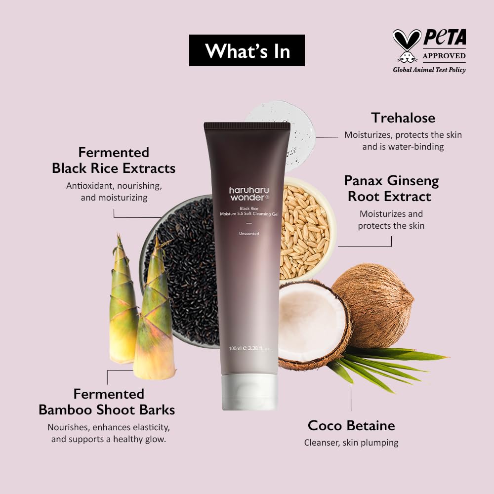 HARUHARU Black Rice Moisture 5.5 Soft Cleansing Gel, 3.4 fl.oz, Vegan | Gentle Daily Cleanser, Low pH, Moisture Balance, For Sensitive Skin, No Tightness, Pore Care, Cruelty-Free, Korean Skin care