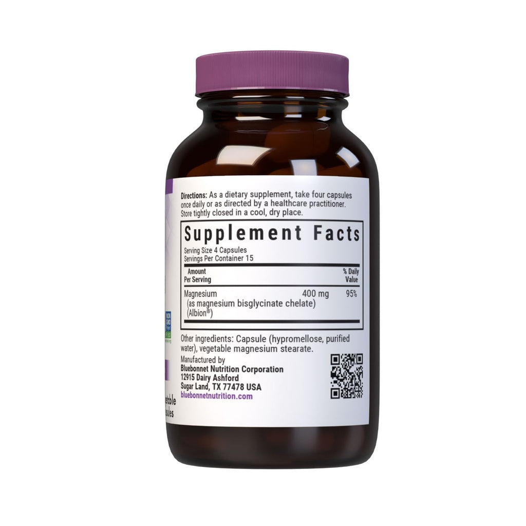 Bluebonnet Magnesium Glycinate, Energy Production*, Enzyme Function*, Non-GMO Certified by NSF, Vegan, Kosher Certified, Gluten-Free, Soy-Free, Dairy-Free, 60 Vegetable Capsules, 15 Servings | Non-GMO, Gluten-Free, Soy-Free