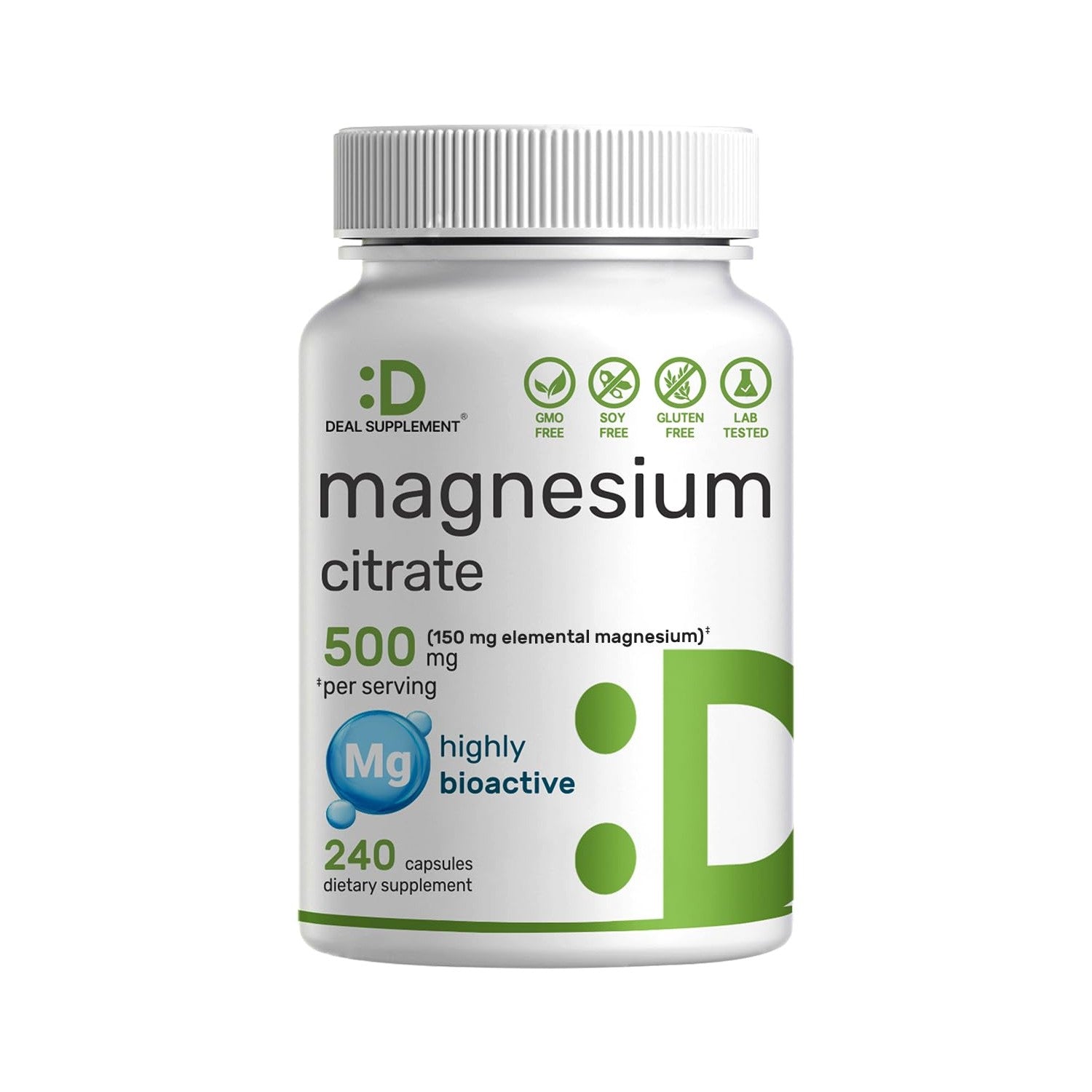 Deal Supplement Magnesium Citrate 500mg, 240 Capsules | One a Day, Easily Absorbed, Purified Trace Mineral – Non-GMO