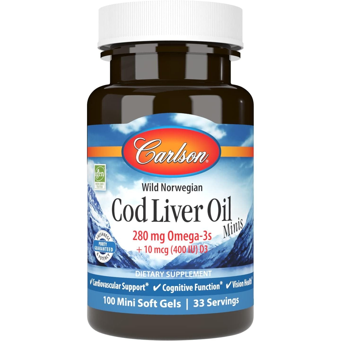 Buy now Carlson - Cod Liver Oil Minis, 280 mg Omega-3s + Vitamins A & D3, Heart Support & Cognitive Function, Vision Health, 100 Mini Softgels Default at indiglob india