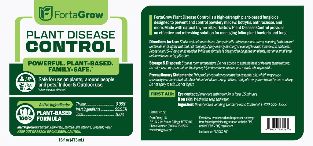 Plant Disease Control Spray – Natural Fungicide with Thyme Oil – Prevents Powdery Mildew, Botrytis, Anthracnose & More – Safe for Indoor/Outdoor Use – Family & Pet Friendly – 16oz