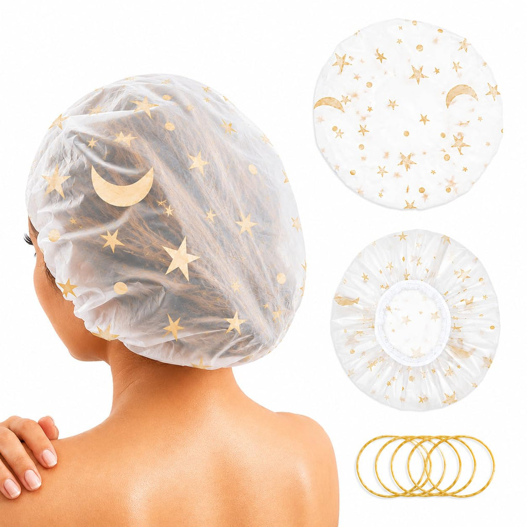 Shower Caps for Women Reusable Waterproof, 2 PCS Shower Caps + 5 Hair Ties