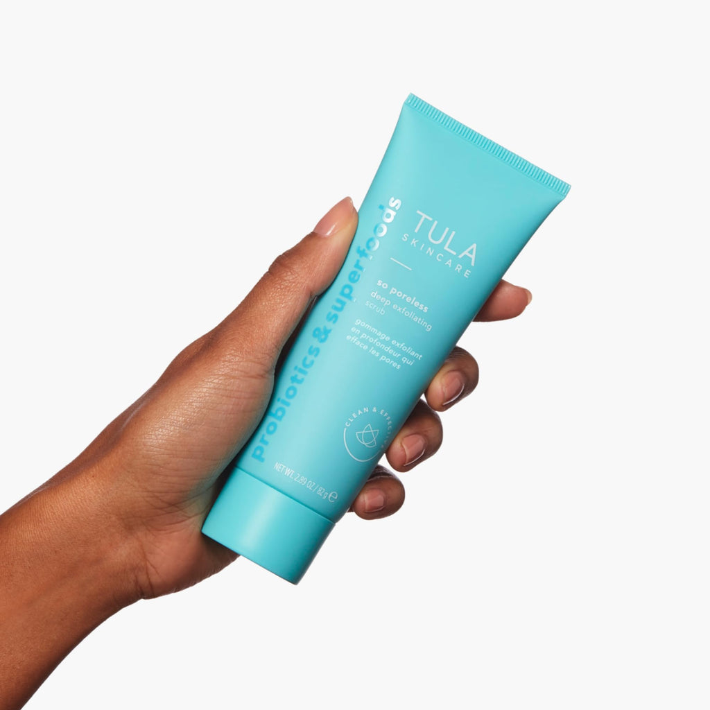 Buy now TULA Skin Care So Poreless Exfoliating Blackhead Scrub - Powerful and Gentle Exfoliation, Refreshing and Smoothing, Contains Probiotic Extracts, Volcanic Sand, Pink Salt, and Witch Hazel, 2.89 oz. at indiglob india