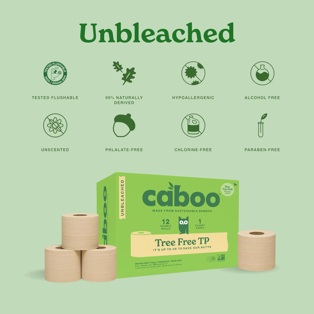 Caboo Tree Free Toilet Paper, Unbleached, Plastic Free, 12 Rolls