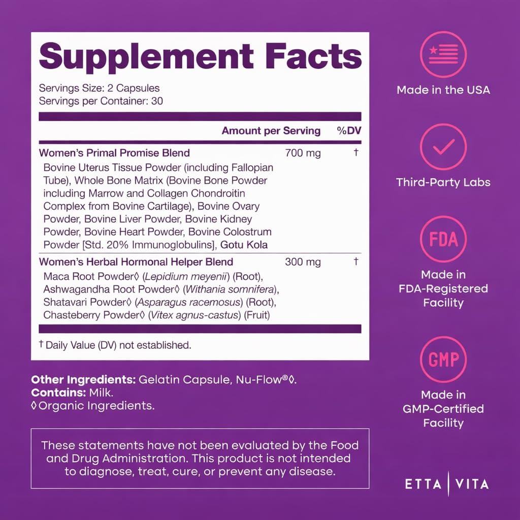 Primal Beef Organ Supplement for Women with Grass-Fed Ovary, Uterus & Liver | Bovine organ blend with kidney, heart, bone matrix, maca, ashwagandha, shatavari - energy support & hormone balance for women
