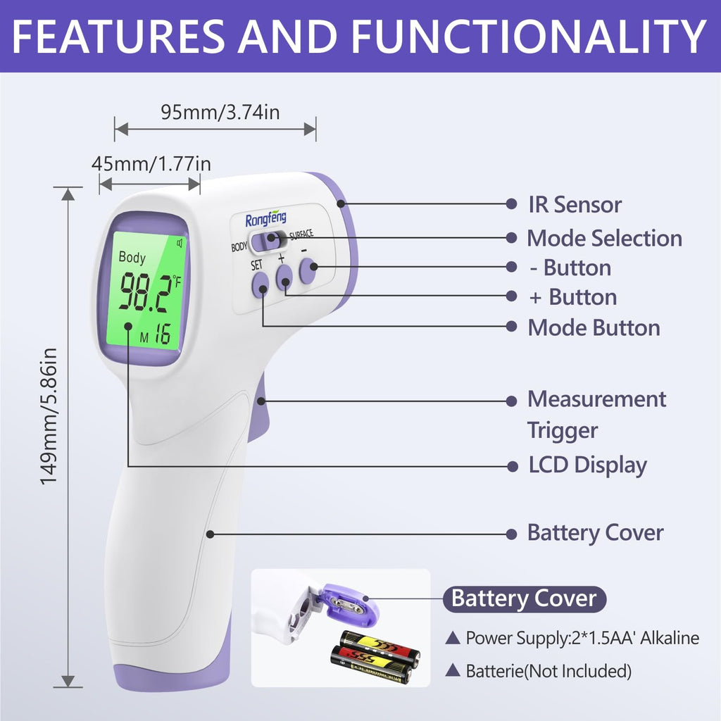 Non‑Contact Forehead Thermometer, 1‑Sec Infrared Thermometer for Baby Kids Adults, Fever Alarm with 3‑Color Backlight, 32‑Memory, Body & Surface Mode, °F/°C Switch, FDA Cleared
