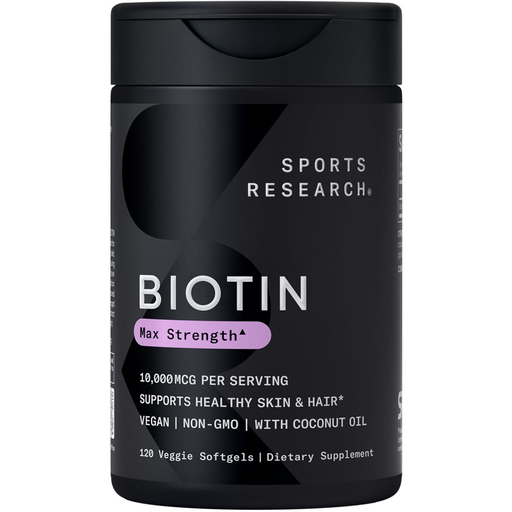 Sports Research® Biotin 10,000mcg w/Coconut Oil, 120 Count Plantgels™ | Max Strength Vegan Biotin (Vitamin B7) for Healthy Skin and Hair Support | Non-GMO, Gluten & Soy-Free, 120 Servings